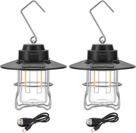 PATIKIL LED Camping Lantern, 2 Pack Vintage Rechargeable Lantern 3 Light Modes Portable Hanging Outdoor Tent Light for Camping, Hiking, Fishing, Black 3.66 Inch