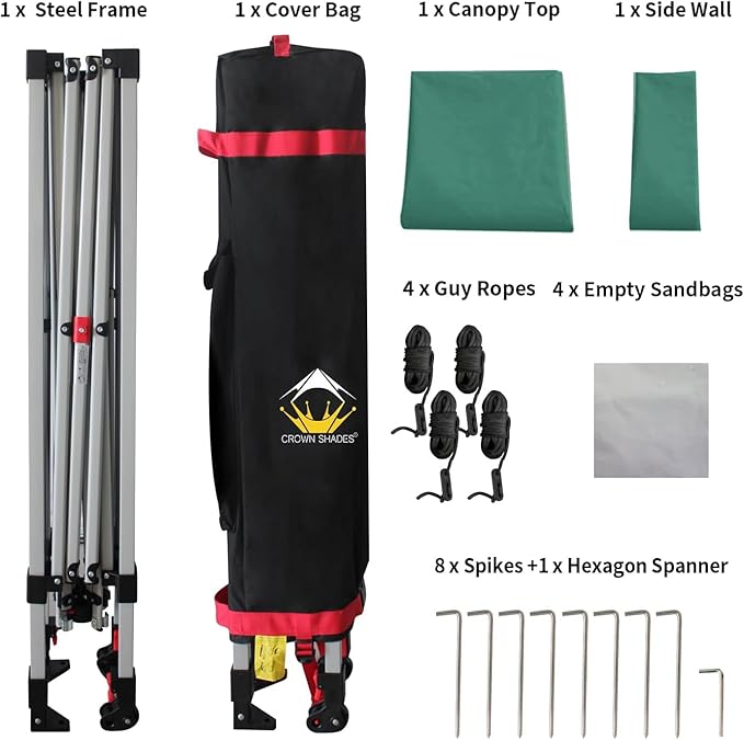 CROWN SHADES 8x8 Pop up Canopy Instant Canopy with 1 Removable Sidewall,4 Ropes & 8 Stakes, STO'N and Go Bag, Forest Green