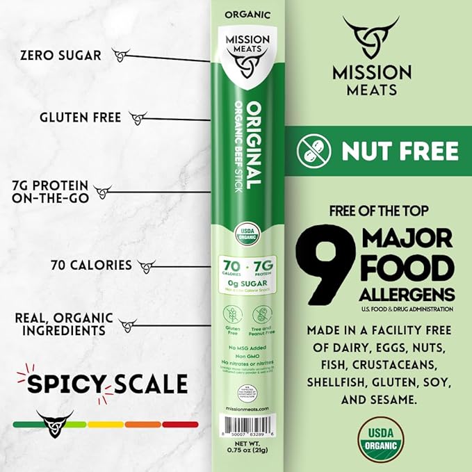 Mission Meats 100% Certified Organic Beef Sticks – Pasture-Raised, Zero Sugar, Non-GMO, Healthy Individually Wrapped Meat Sticks Snack, 0.75oz (12ct)