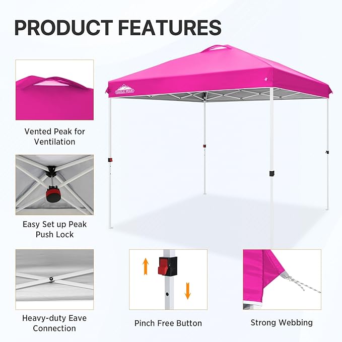 EAGLE PEAK Pop Up Canopy Tent with Wheeled Carry Bag, 8 Stakes, 4 Ropes, Easy Set Up Tent Canopy, 8x8 ft, Pink
