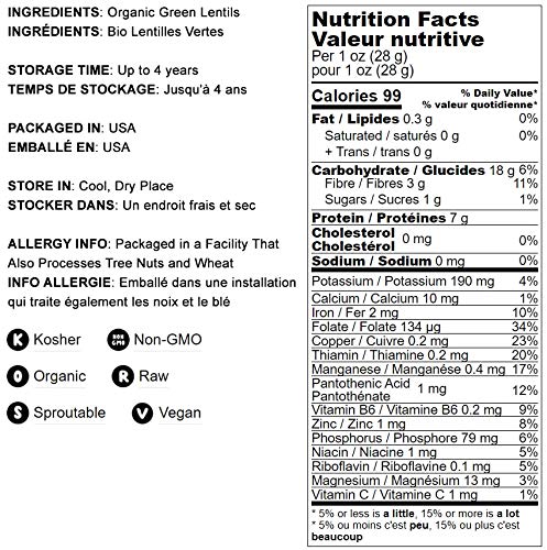 Food to Live Organic Whole Green Lentils, 2.5 Pounds ??Non-GMO, Dried Raw Beans, Sproutable, Vegan, Kosher, Bulk. High in Folate, Dietary Fiber, Protein. No Soaking Required. Great for Burgers.