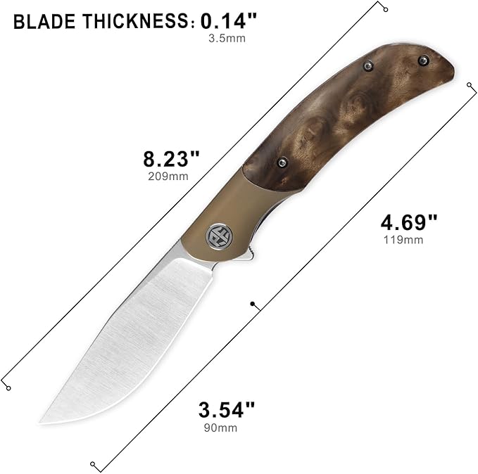 Petrified fish PFP09 Hourglass Folding Knife,3.54" K110 Steel Satin Blade, 3.88oz Titanium and Gallwood Handle Pocket knife for Camping Outdoor EDC (Gall wood Satin)