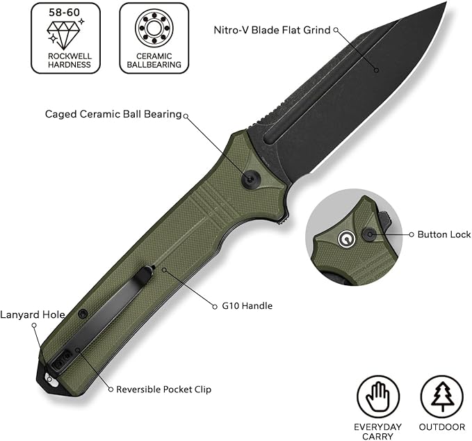CIVIVI Neurohaptic Pocket Knife for EDC, Folding Knife with 3.74'' Nitro-V Blade G10 Handle, Reversible Clip, Gift for Men Women C23080-3