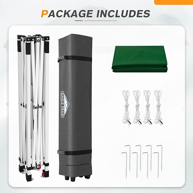 EAGLE PEAK Pop Up Canopy Tent with Wheeled Carry Bag, 8 Stakes, 4 Ropes, Easy Set Up Tent Canopy, 6.6x6.6 ft, Green