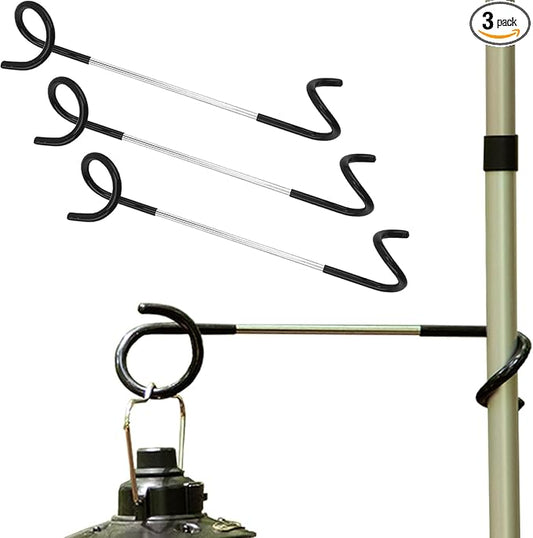 Camping Lantern Hooks, Outdoor Lighting Hooks for Camping Tent lamp Hanger, Bird feeders, Garden Lights, Lanterns, trinkets ; Sturdy Pole Hook for Tent Light, 3 pcs (Large & Long)