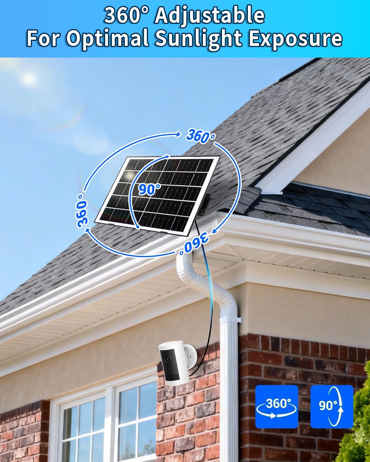 8W Solar Panel Charger for Security Camera, USB-C/Micro USB/DC 3.5mm Ports, 360° Adjustable Mount, IP65 Waterproof, 10FT Cable for Ring, Reolink, Eufy Battery Cameras