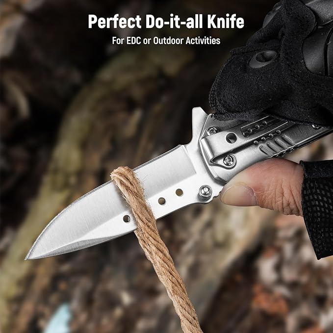 Pocket Knife for Men - 2.98" Sharp Blade Wood Handle Pocket Folding Knives with Clip, Glass Breaker - Small EDC Knives for Survival Camping Hunting Fishing Hiking Women, Silver