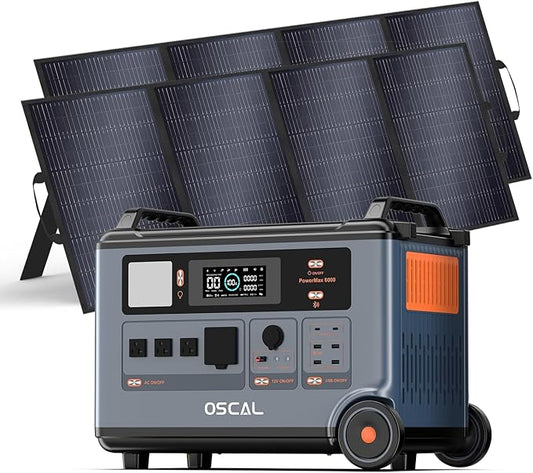 OSCAL Promax6000 Solar Generator,6000W(Peak 7200w),120V/240V Dual Voltage Portable Power Station with 2x400W Solar Panel,3600WH Lifepo4 Battery 14 Outlets,2200W 1.96H Fast Charge,for Home Backup,RV.