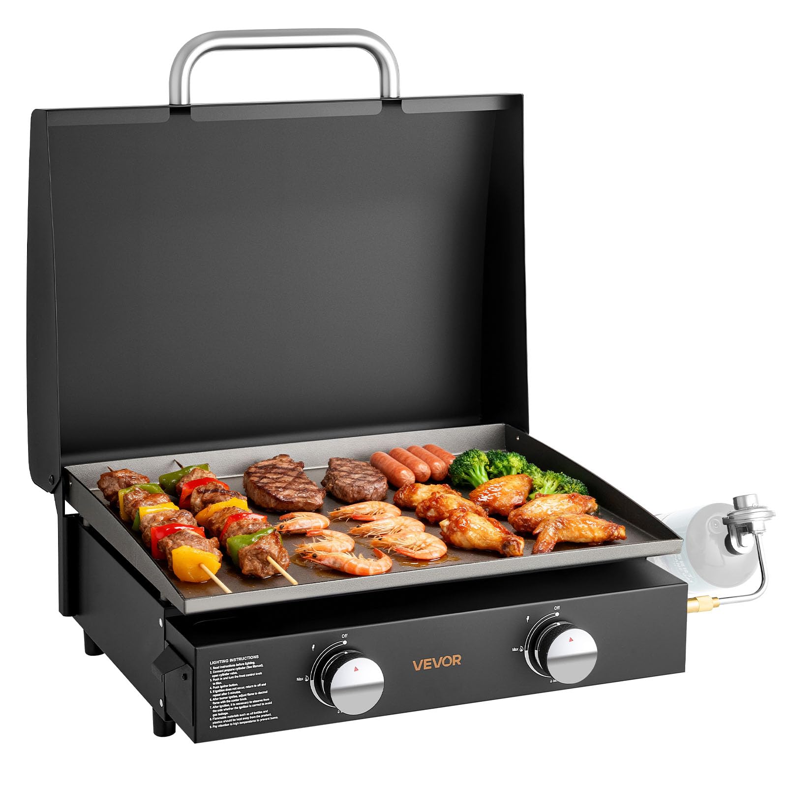 VEVOR Gas Griddle, 2 Burner Tabletop Griddle, 22 inch Portable Griddles Propane with Lid, Oil Drain