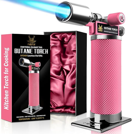 RAVS Refillable Butane Torch Lighter, Ultra Premium Gifts for Men, Kitchen Torch Lighter for Creme Brulee, Cooking Torch Gun with Adjustment Flame, Blow Torch for Cooking (Pink)