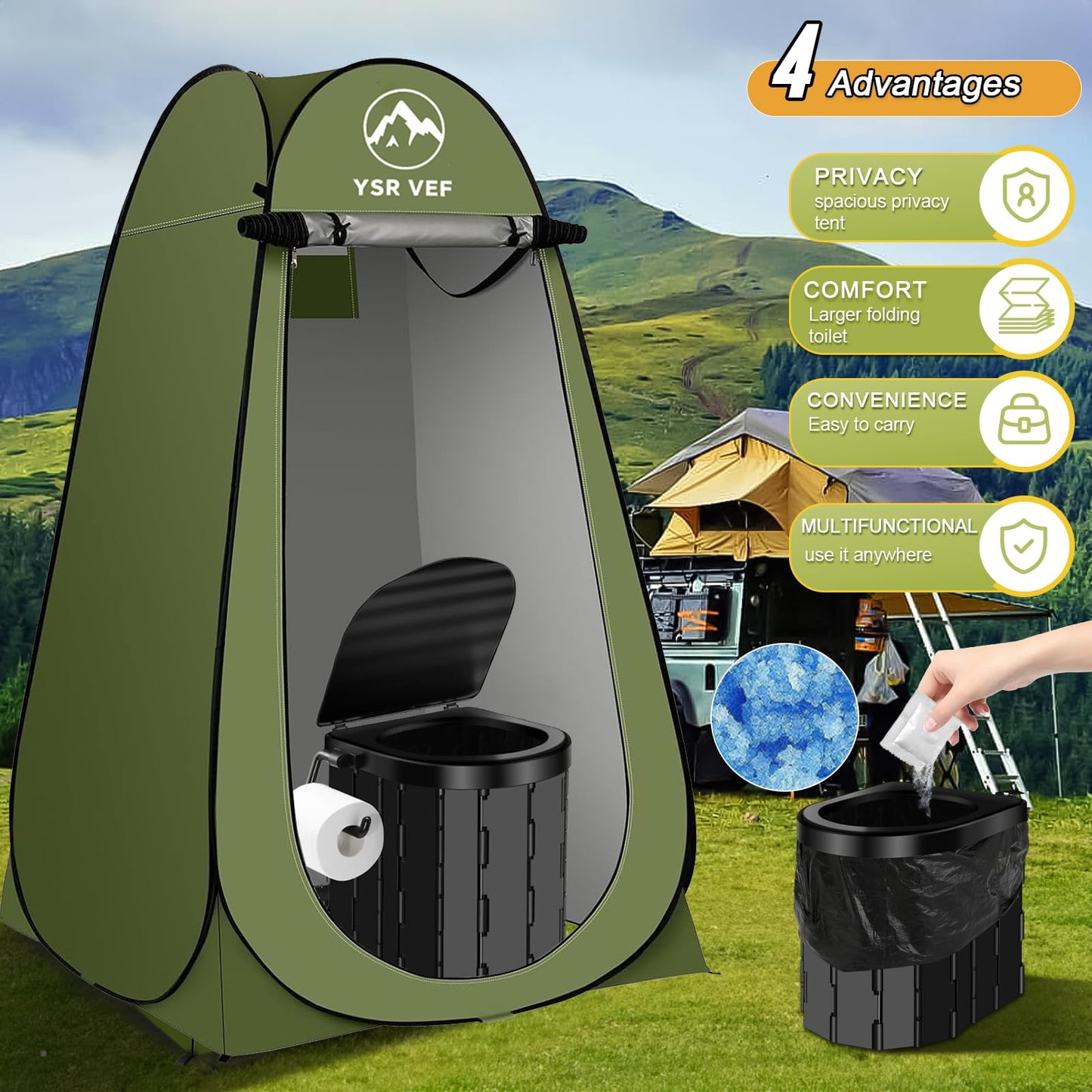 Portable Toilet Kit for Adults, Camping Toilet with Pop-Up Privacy Tent and Poo Gel Toilet Bags