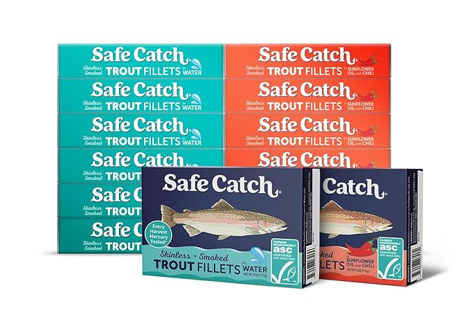 Safe Catch Smoked Rainbow Trout Fillets in Water and in Sunflower Oil with Chili, Skinless and Boneless Canned Fish, Mercury Tested, Variety Pack of 12