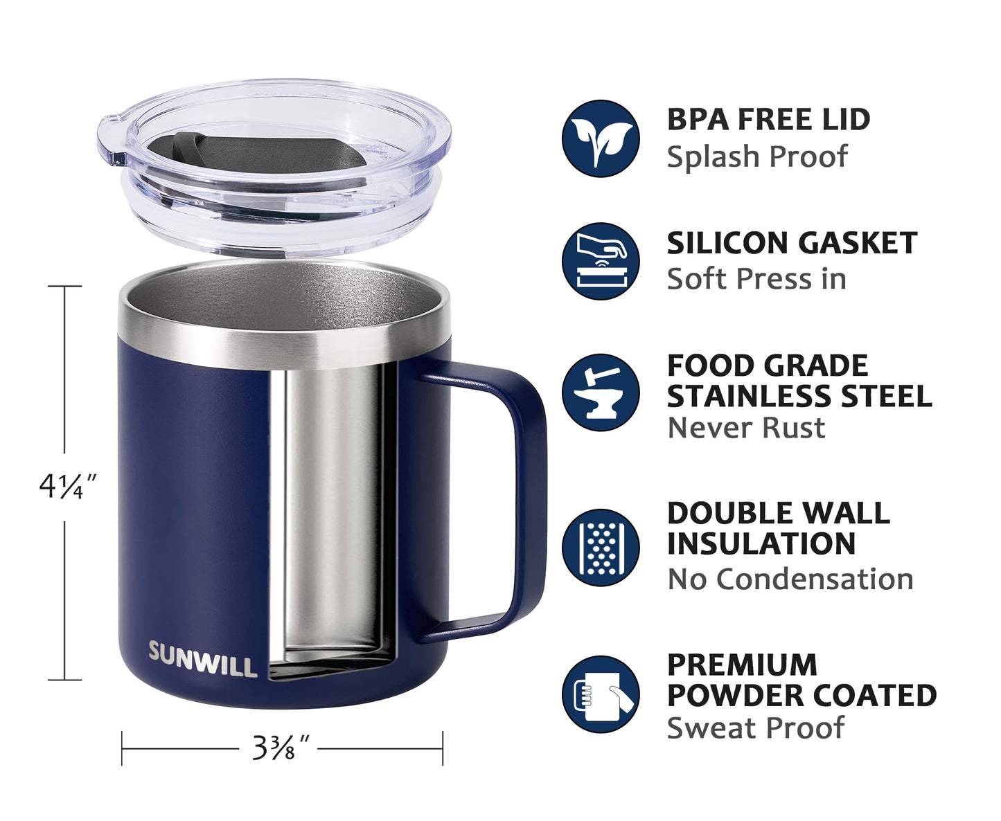 SUNWILL Insulated Coffee Mug, Stainless Steel 14 oz, Splash-Proof Lid