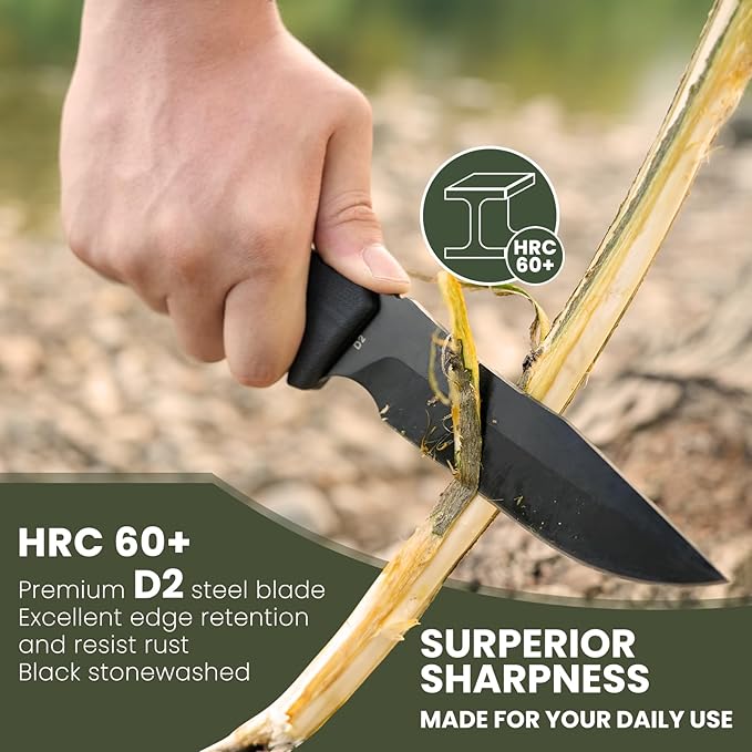 Bushcraft Survival Knife - Outdoor Camping Hunting Fixed Blade With D2 Steel and G10 Handle for EDC, Sheath Included - Collection Gift for Him