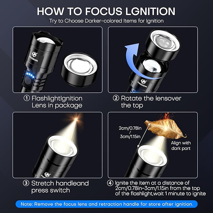 Rechargeable Flashlights High Lumens with Ignition Lens,2000 lumens LED Super Bright Zoomable FlashLight with 5 Mode, IPX6 Waterproof Powerful Tactical Flash light for Home,Gift,Outdoor and Emergency