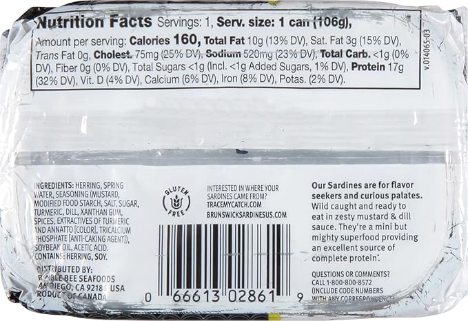 Brunswick Sardines in Mustard & Dill Sauce, 3.75 oz Can (Pack of 12) - Boneless Butterflied Sardine Fillets - Wild Caught - 17g Protein per Serving - Gluten Free, Keto Friendly