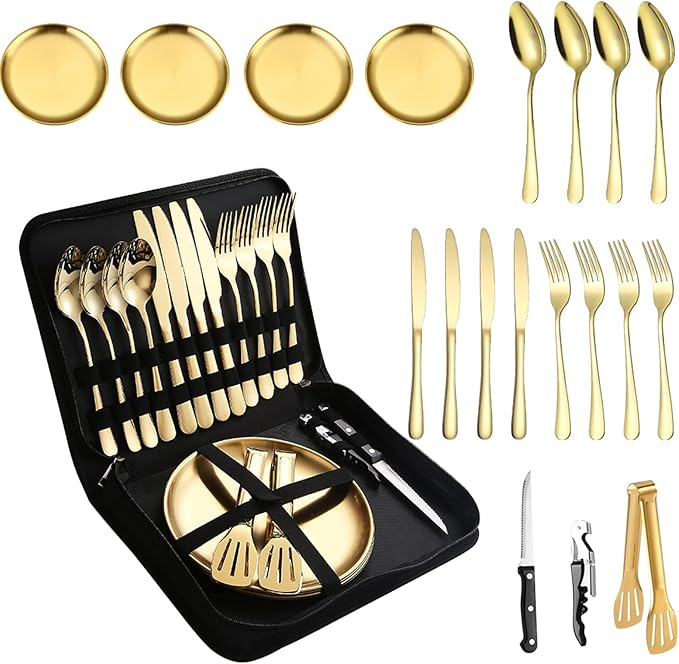 Picnic Dishes Utensils Gold Camping Flatware Set for 4 Portable Tableware Plates Silverware Forks Spoons knives Bottle Opener Food Tongs Complete Kit with Zipper Bag