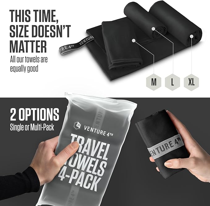 VENTURE 4TH - 4pcs Quick Dry Towels. Microfiber Travel Towels. Lightweight & Fast Drying Travel Towels for Body. Compact & Easy to Pack - 4 Pack Black Extra Large