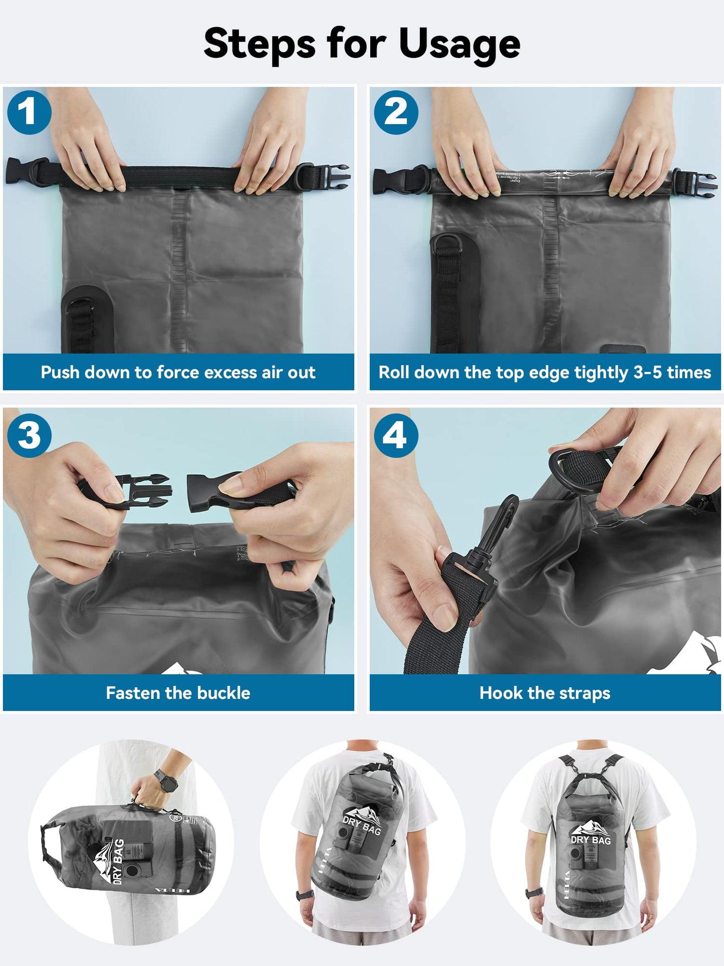 HEETA Dry Bag Waterproof Backpack with Phone Case (Transparent Black, 5L)