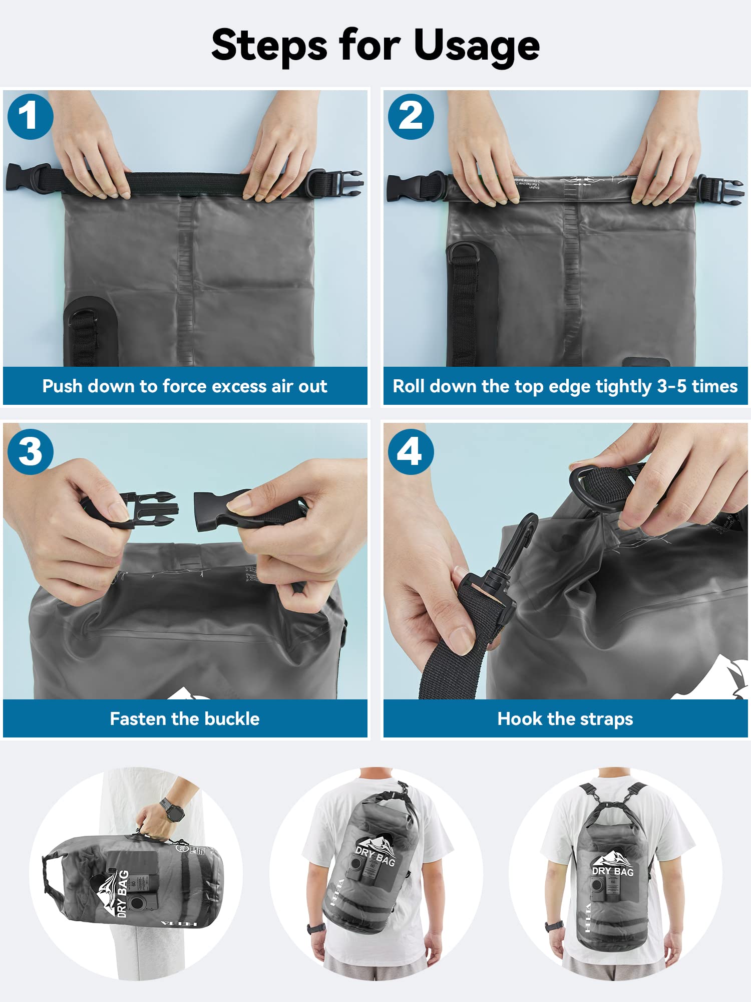 HEETA Dry Bag Waterproof Backpack with Phone Case (Transparent Black, 5L)
