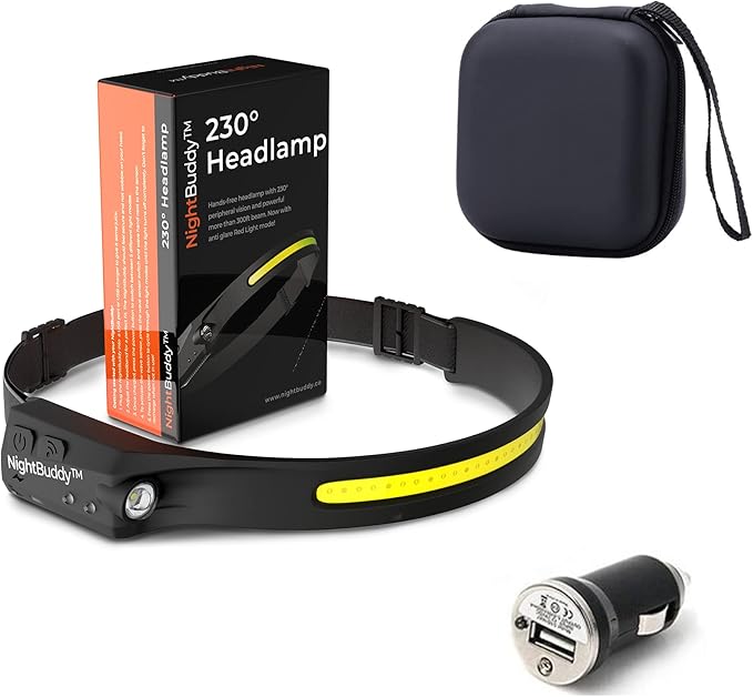 NightBuddy The Original LED Headlamp Rechargeable Flashlight for Adults Camping Essentials Backpacking Lights 4X Brighter Than Headlight Headband Lamp 5 Light Modes Hiking Gear (Headlamp + Car Kit)