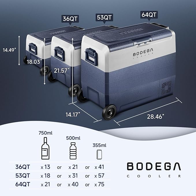 BODEGACOOLER 12 Volt Portable Refrigerator,53 Quart Car Fridge Freezer Dual Zone APP Control,（50L）-4℉-68℉ RV Car Cooler 12/24V DC and 100-240V AC for Outdoor,Vehicles,Camping,Travel