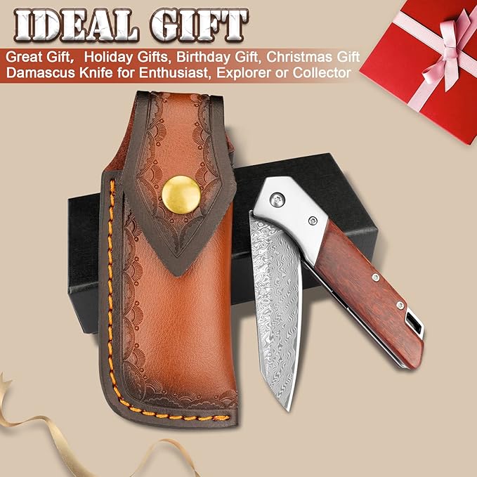 KOMWERO Damascus Pocket Knife with Clip Leather Sheath, 3.14 inch Sharp Damascus Steel Knife with Rosewood Handle, EDC Damascus Folding Knife for Men Women Camping Collection