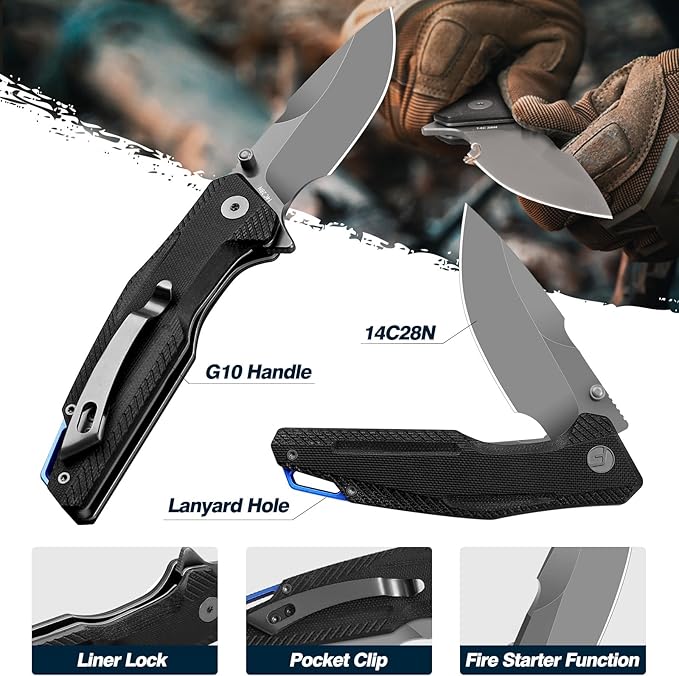 FINTISO Pocket Knife, 3.26" Premium 14C28N Blade G10 Handle with Fire Starter Function, Folding Knife with Pocket Clip for Men Women, EDC Knife for Outdoor Camping, Hunting, Hiking, Survival, Falcon Series