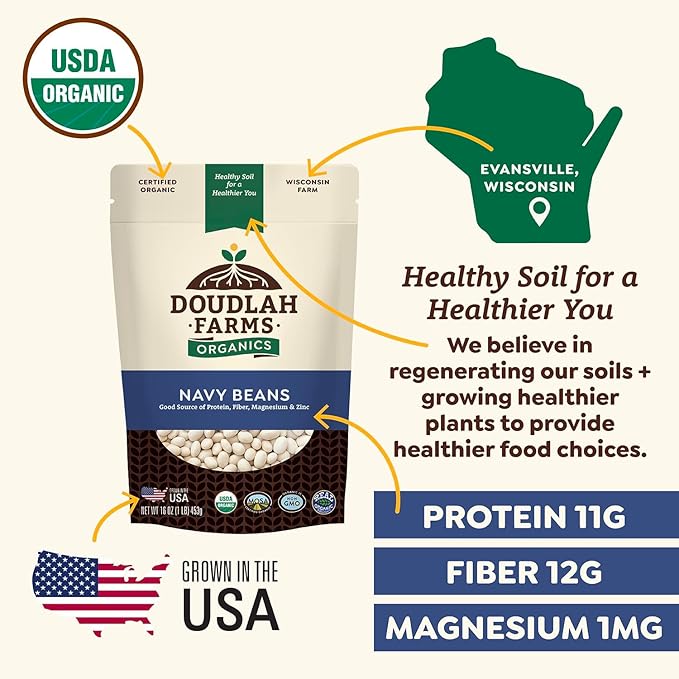 Organic Navy Beans 1 lb - Non-GMO, USDA Organic, Tested Clean Certified, Vegan - Rich in Fiber & Protein for Soups, Burritos, Salads & Chili - Grown In USA, Farmed From Regenerative Soil by Doudlah Farms