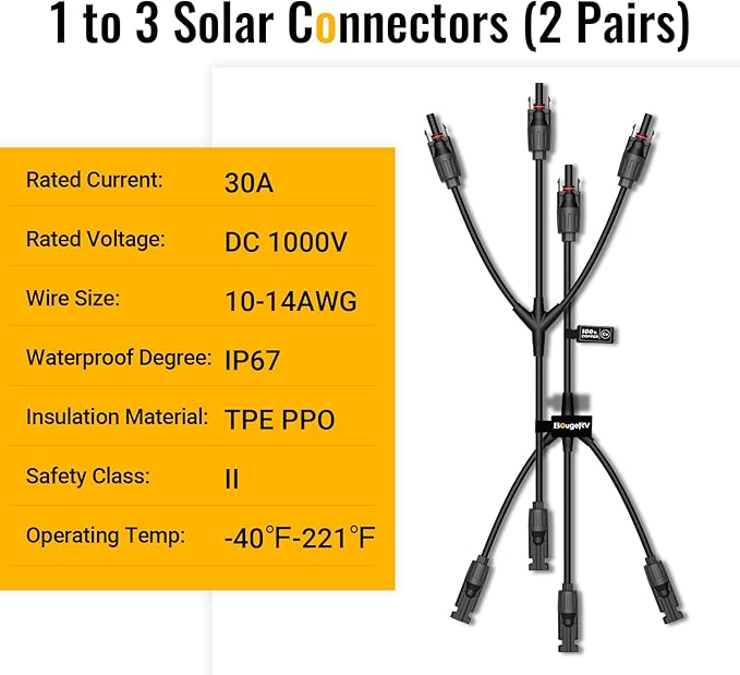 BougeRV Solar Y Branch Connectors Solar Panel Parallel Connectors 1 to 3 Solar Cable Wire Plug Tool Kit (2 Pairs M/FFF and F/MMM)