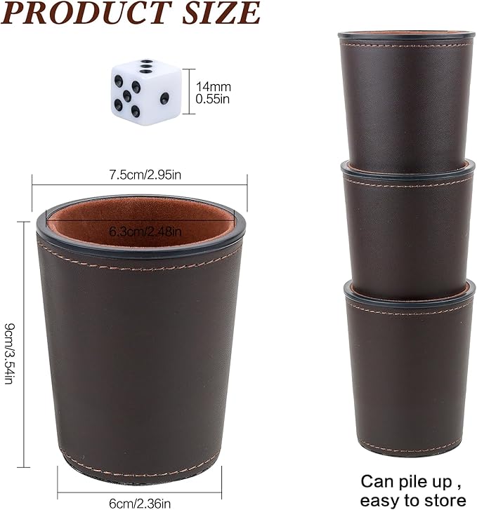 Felt-Lined PU Leather Dice Cup Set, 6 Quiet Dice Shaker Cups with 36 Dices for Bar Party Yahtzee Farkle Dice Games, Coffee