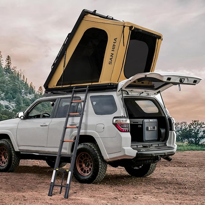 Sanhima Rooftop Tent Hard Shell - Hotham Overland Aluminium Roof Top Tent w/Larger Space, LED Strip Light & Skyview Window, 2” Thick Mattress, for Car SUV Truck Camping, 2-3 People Tent