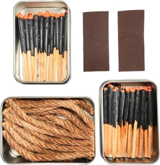Survival Waterproof Matches Kit – 20/40/60 Fire Matches + Extra Striker in Metal Tin, Waxed Tinder Cords – Stormproof Windproof Fire Starter for Camping & Emergency (2 x Tin + 20 Ropes)