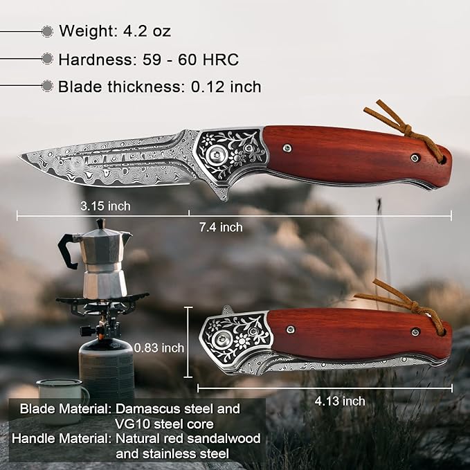 KOMWERO Damascus Pocket Knife, VG10 Damascus Steel Folding Knife with Wood Handle, Leather Sheath, Liner Lock, EDC Knife for Outdoor Survival Hunting Collection