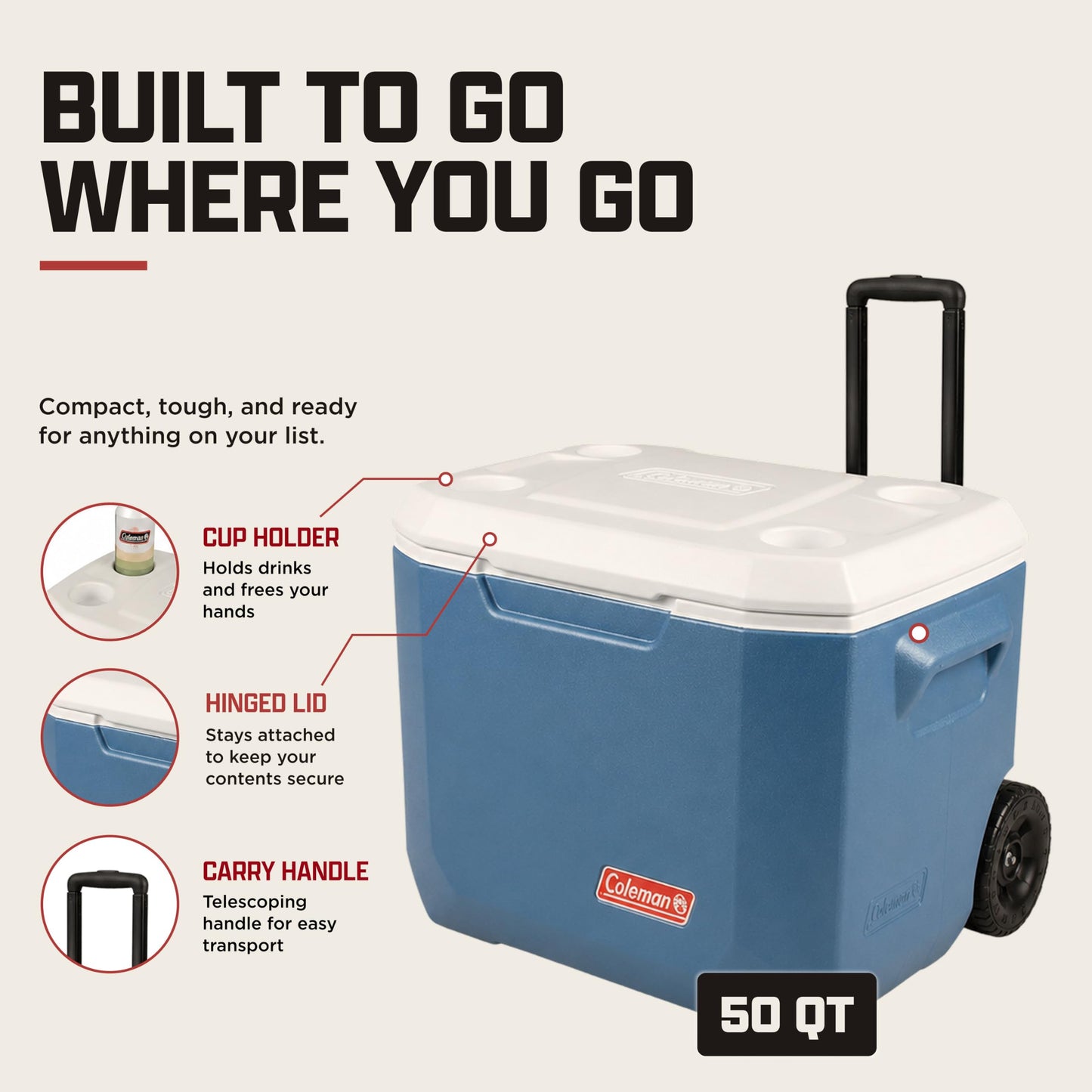 Coleman Xtreme 50qt Rolling Cooler with Wheels, Extra-Walled Insulation Keeps Ice up to 5 Days