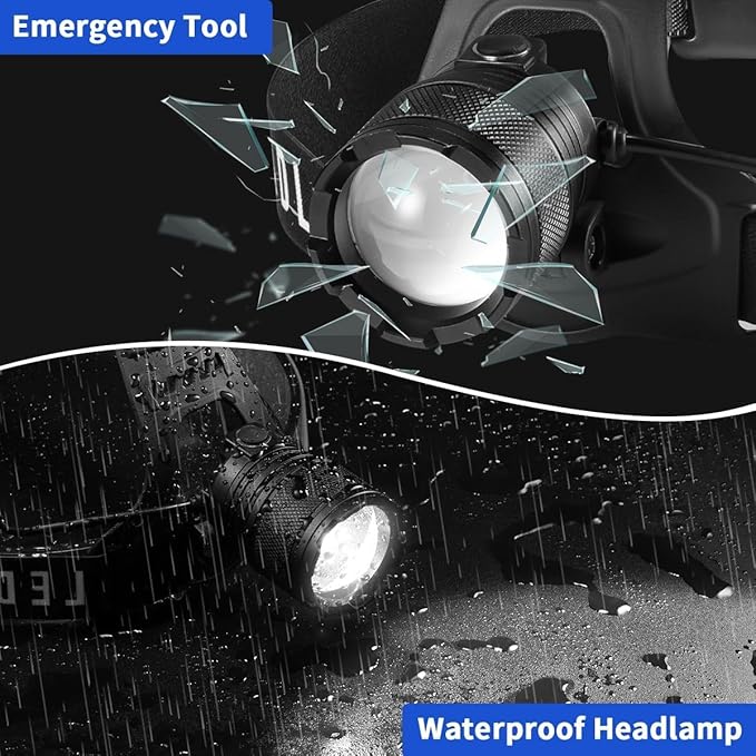 Super Bright Aluminum Headlamp, Rechargeable Headlamp High Lumen L9000, 90° Adjustable Focus Head Lights for Forehead, Head Lamps LED Rechargeable, Waterproof Headlamps for Adults Camping Hard Hat