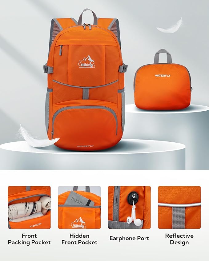 WATERFLY Hiking Foldable Daypack Backpack: 25L Ultra Lightweight Waterproof Day Pack for Woman Man - Small Compact Packable Folding Back Pack for Outdoor Sport Cycling Biking Travel Trip - Orange