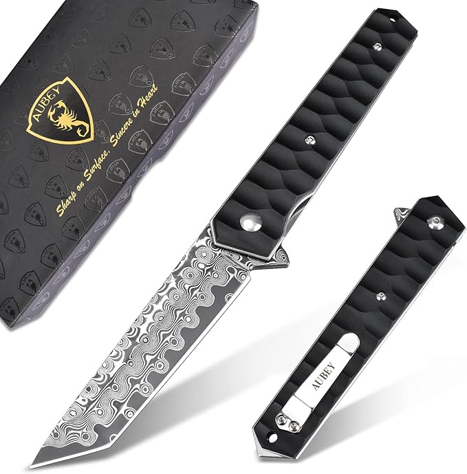 AUBEY Damascus Pocket Knife with Clip, Tanto Blade Damascus Steel Folding Knives for Men Tactical, Aluminum Handle with Glass Breaker for EDC Camping Gift