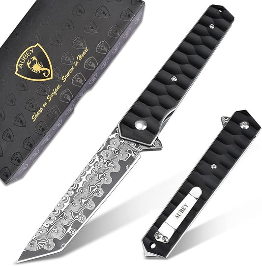 AUBEY Damascus Pocket Knife with Clip, Tanto Blade Damascus Steel Folding Knives for Men Tactical, Aluminum Handle with Glass Breaker for EDC Camping Gift
