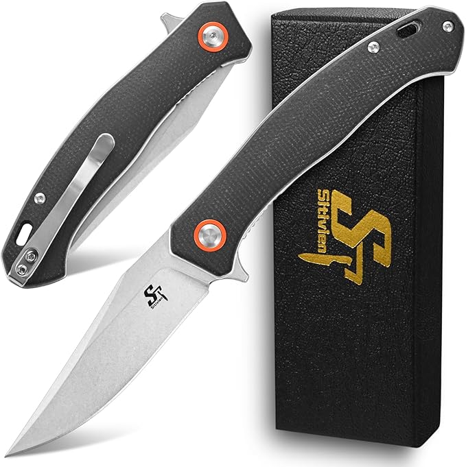 Sitivien ST112 Folding Knife, D2 Blade and Micarta Handle EDC Tool Knife with Pocket Clip for Outdoor Camping Hiking Survival(Black)