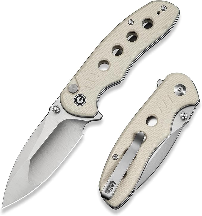 CIVIVI Triptych Folding Pocket Knife, 2.97" 14C28N Blade G10 Handle with Reversible Clip, Button Lock Knife for EDC Camping Hiking C23085B-2, Ivory