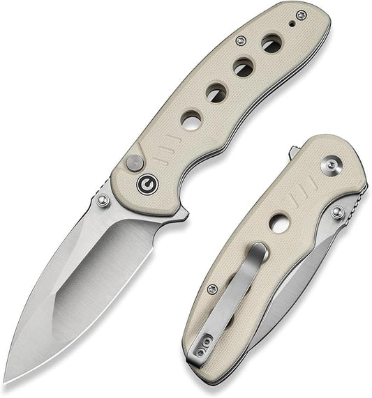 CIVIVI Triptych Folding Pocket Knife, 2.97" 14C28N Blade G10 Handle with Reversible Clip, Button Lock Knife for EDC Camping Hiking C23085B-2, Ivory