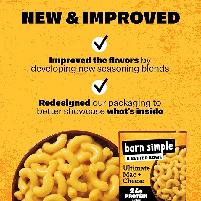 Born Simple Ready to Eat Meals with Sporks, Ultimate Mac and Cheese, Improved Recipe - 24g Protein, Prepared Meal, Microwavable Entree, 11 oz (Pack of 6)