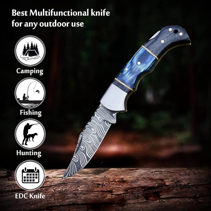 Handmade Damascus Pocket Knife for Men - 6.5 Inches Damascus Folding Pocket Knife with Clip Belt Holster Sheath - Pocket Knives & Folding Knives with Back Lock - EDC Knife Pocket.(Blue with Clip)