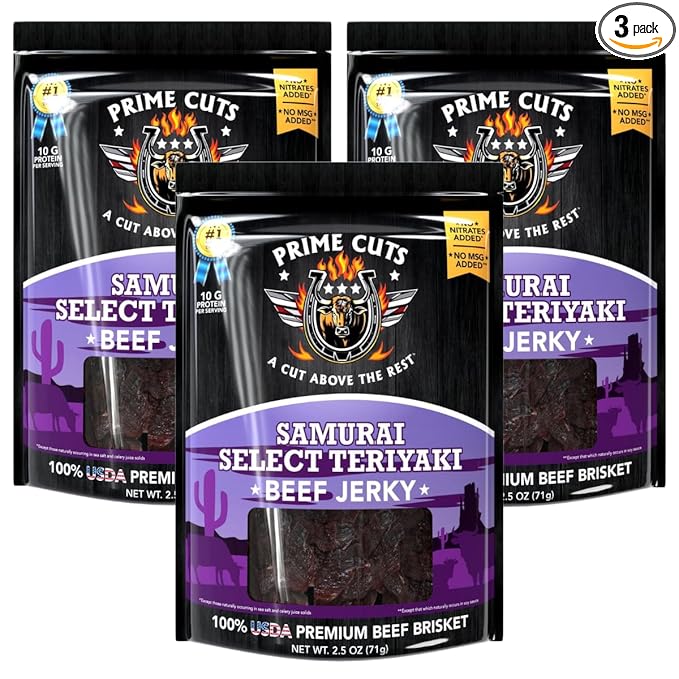 Prime Cuts Samurai Select Teriyaki Beef Jerky | USDA Prime Brisket | East-Meets-West Flavor Fusion | High-Protein, Low-Fat Snack | Savory-Sweet Teriyaki Taste