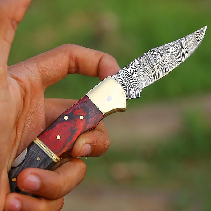 6.5 inch Damascus Pocket Knife with Sheath, Handmade Folding Pocket Knife for Men, Black-Red Wooden Handle with Brass Bolster, Secure Lock Back Camping Knife for EDC,Hunting,Hiking (Red)