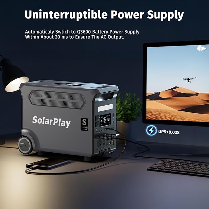 SolarPlay 3840Wh Portable Power Station, 3600W LiFePO4 Battery Solar Generator with 5×120V AC Outlets, 1.3H Fast Charging, Home Backup Power Station for Camping, RV, Off-Grid, Outdoor & Emergencies