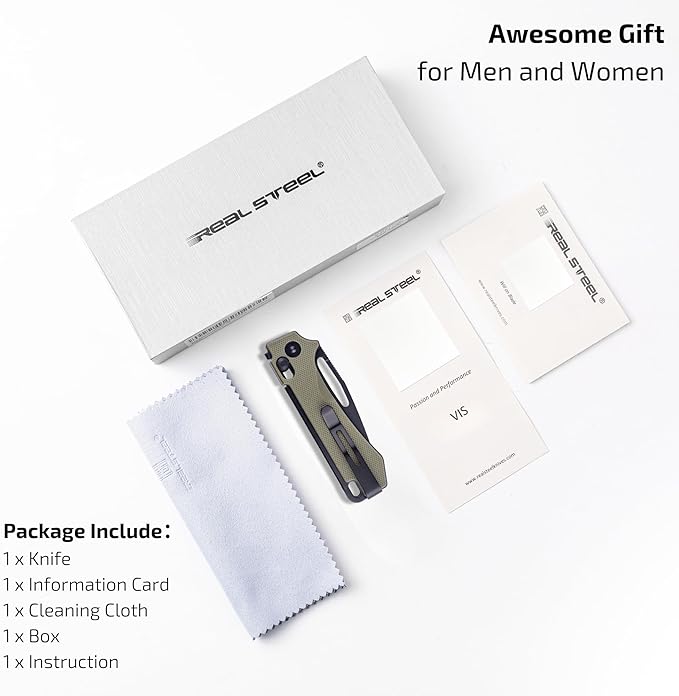 REALSTEEL VIS Pocket Knife, Folding Knife, Crossbar Lock, 2.72" Small 12C27 Steel PVD Black Blade, Thumb Hole, G10 Handle, 1.94oz, Pocket Clip, Versatile Outdoor Indoor EDC Knife, Gifts for Men Women Camping Hiking Fishing Climbing (Green G10/Black)