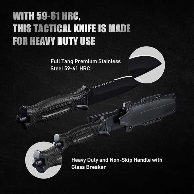 10" Fixed Blade Tactical Knives with Sheath and Clip, Stainless Steel Survival Hunting Bushcraft Full Tang Non-Slip Handle Knife for Camping, Hunting, Adventure, Outdoors, EDC, Black