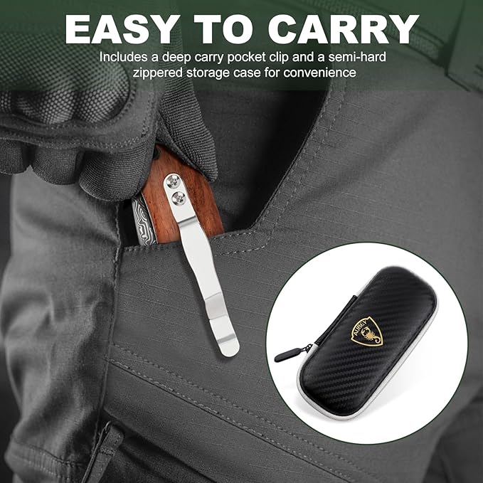 AUBEY Damascus Pocket Knife with VG10 Core, Wooden Handle, EDC Folding Knives for Men Outdoor Camping Collection Gift